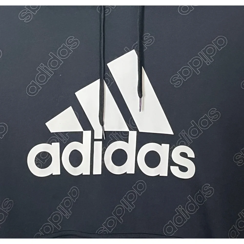 Adidas Hoodie Mens 2XL Black All Over Print Logo Pullover Sweatshirt Sportswear